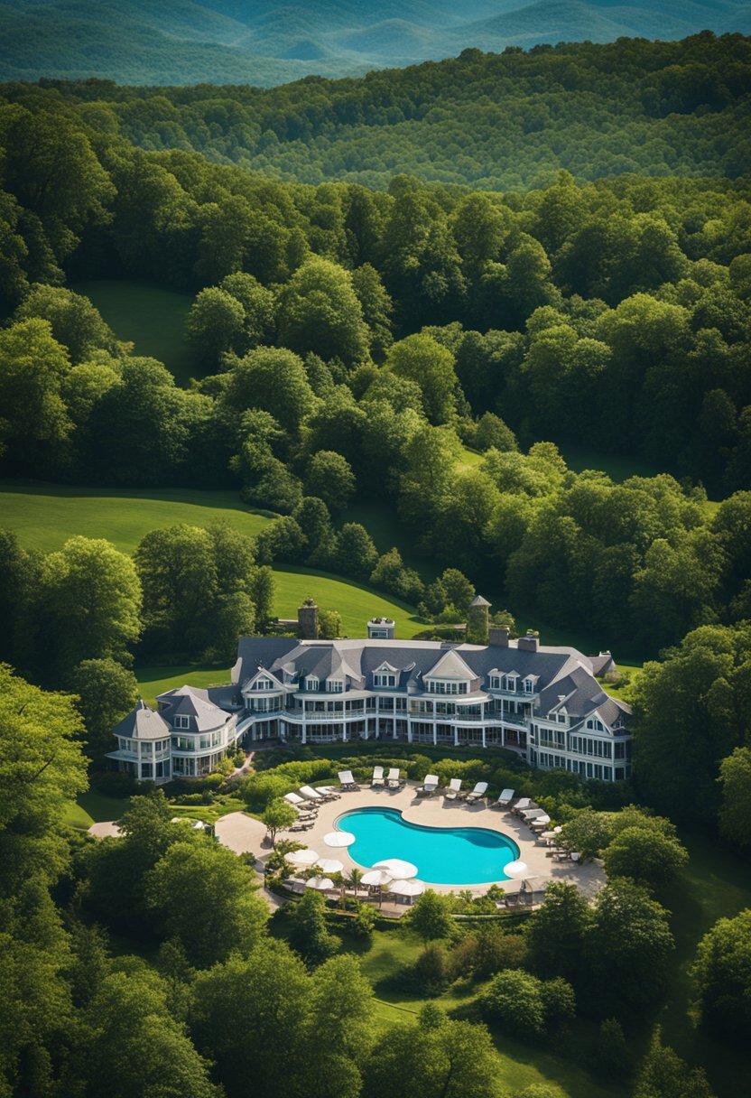 A luxurious resort nestled in the rolling hills of Virginia, surrounded by lush greenery and offering breathtaking views of the landscape