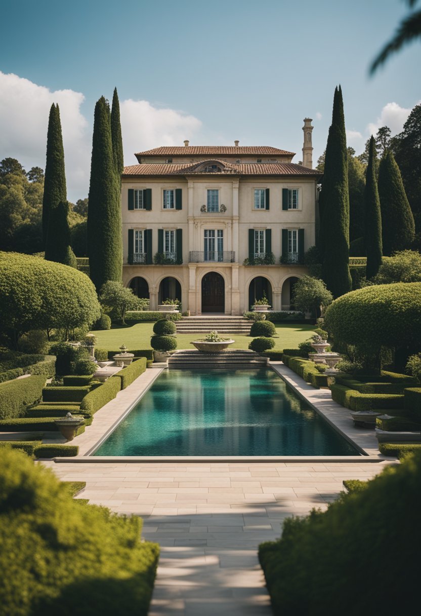 A grand, stately mansion surrounded by lush greenery and rolling hills, with a sparkling pool and elegant architecture