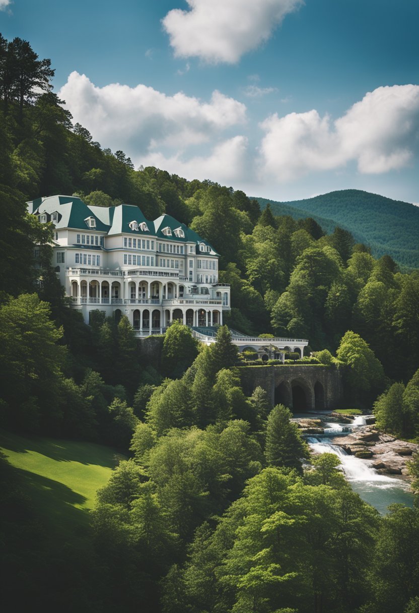 A grand resort nestled in the Virginia mountains, surrounded by lush greenery and a flowing river. Majestic architecture and a sense of tranquility pervade the scene