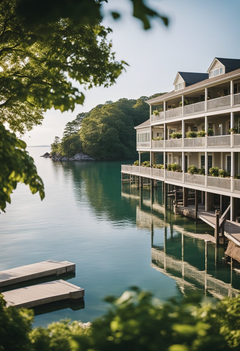 A waterfront resort with lush greenery, a pristine beach, and a charming inn overlooking the serene waters of Virginia