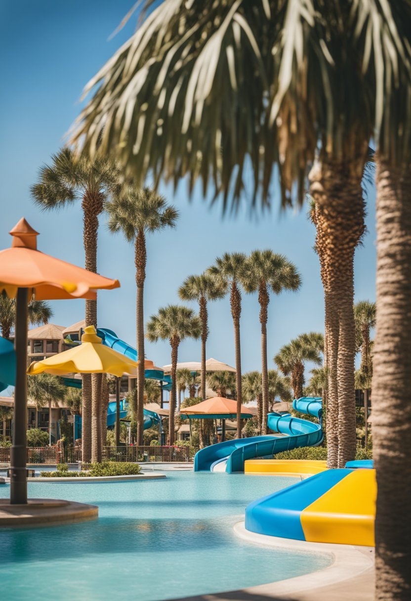 Colorful water park with slides, pools, and play areas surrounded by palm trees and beach umbrellas at Omni Amelia Island resort in Florida