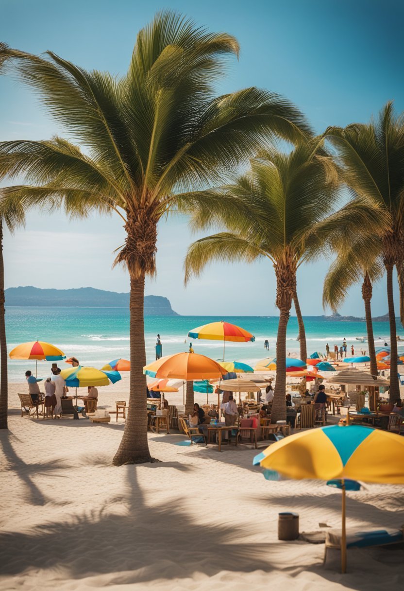 A vibrant, bustling beachfront resort with colorful umbrellas, palm trees, and families enjoying the sun and sand