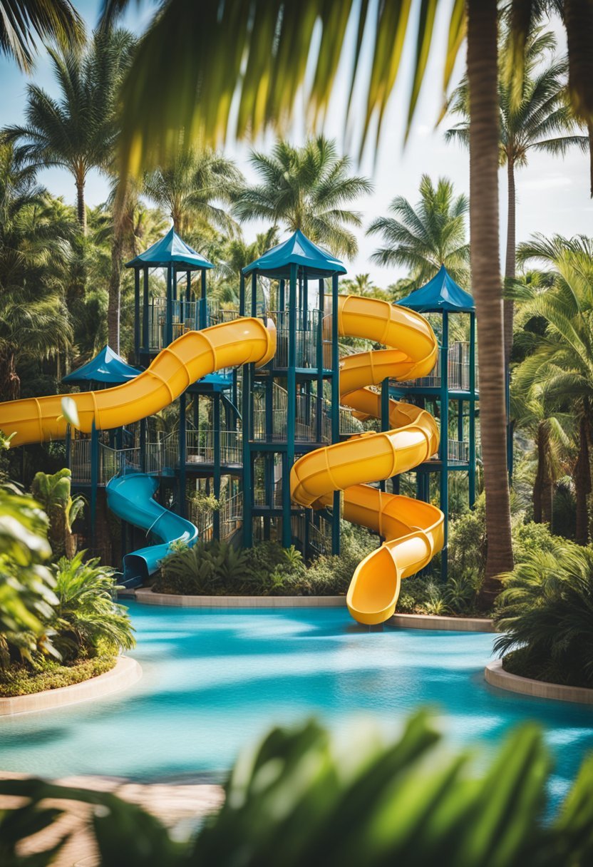 A colorful and lively water park with winding slides and splash pads surrounded by lush tropical foliage and palm trees