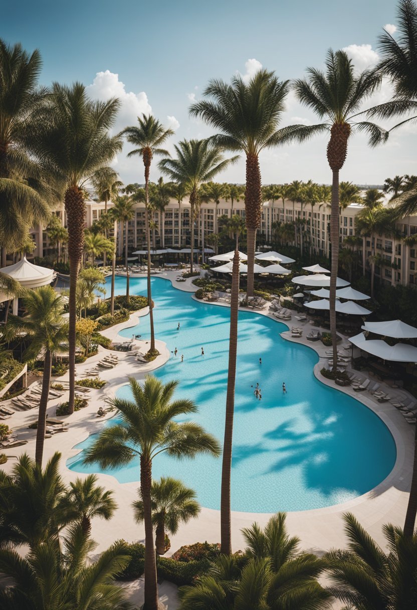 A bustling resort with palm trees, pools, and kids playing, set against the backdrop of the World Center Marriott in sunny Florida