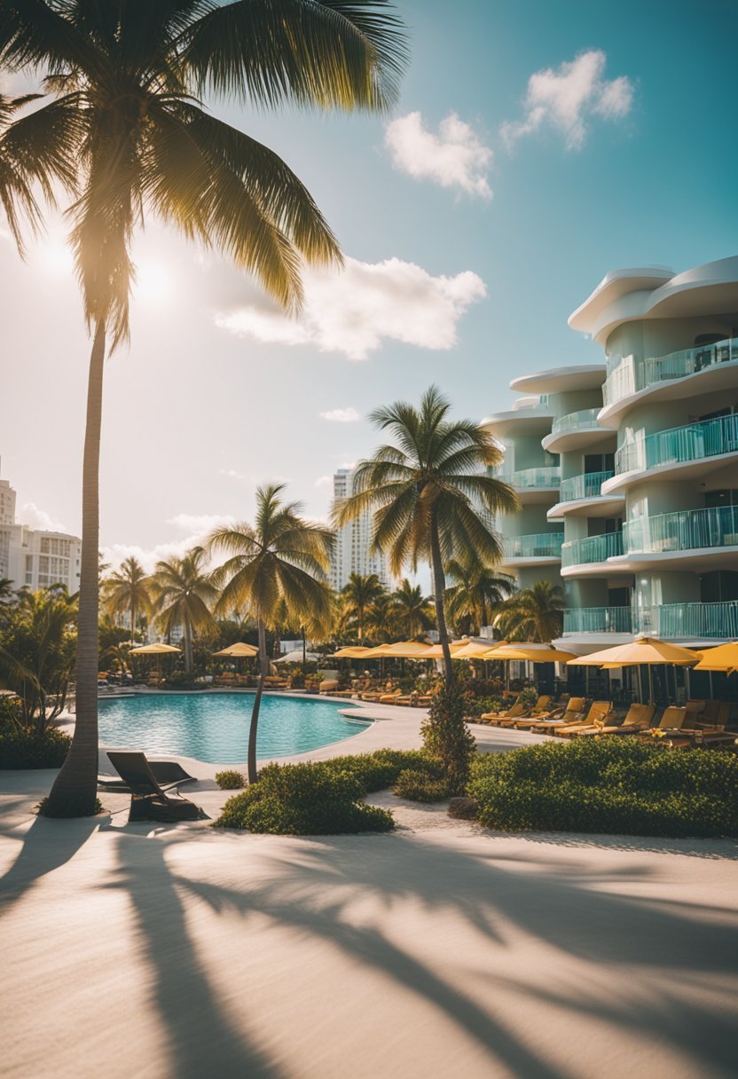 A colorful beachfront resort with palm trees, pool, and kids' play area, surrounded by the vibrant energy of Miami Beach