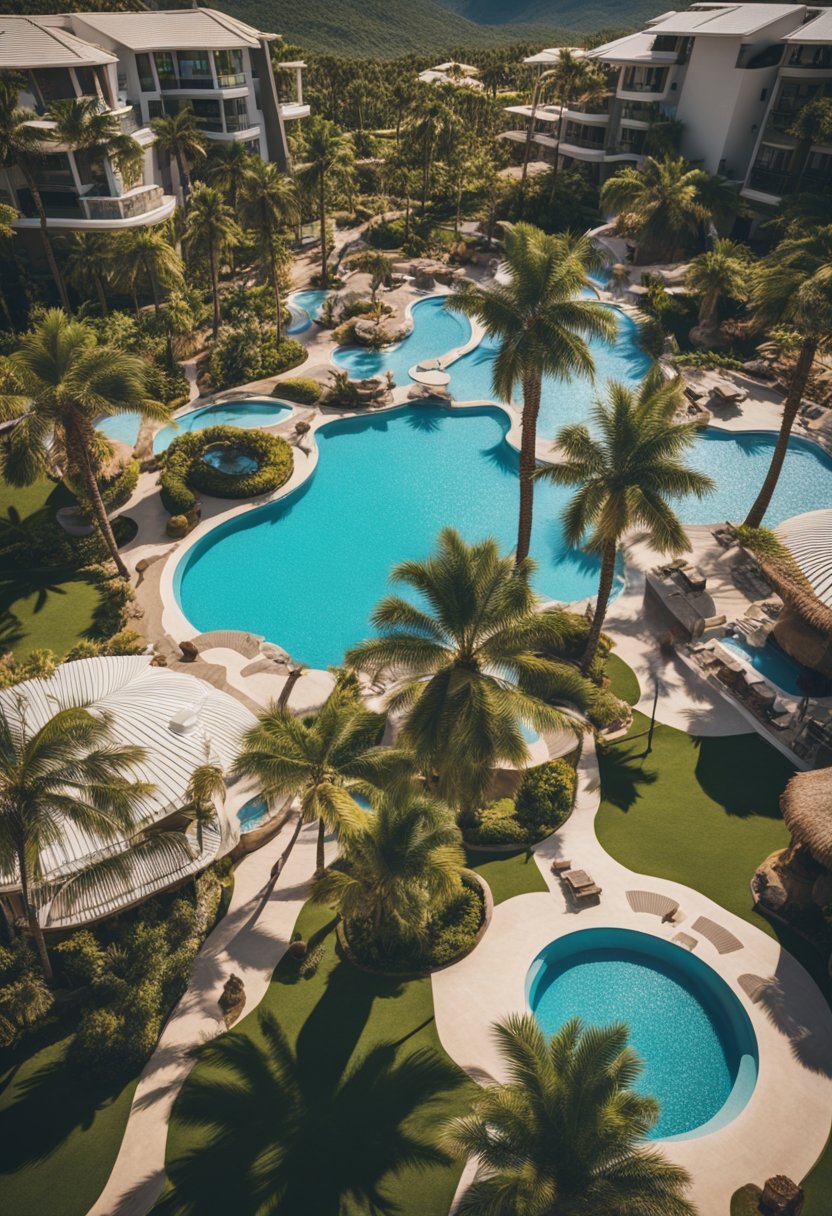 A lively resort with palm trees, pools, and kids playing in the sun