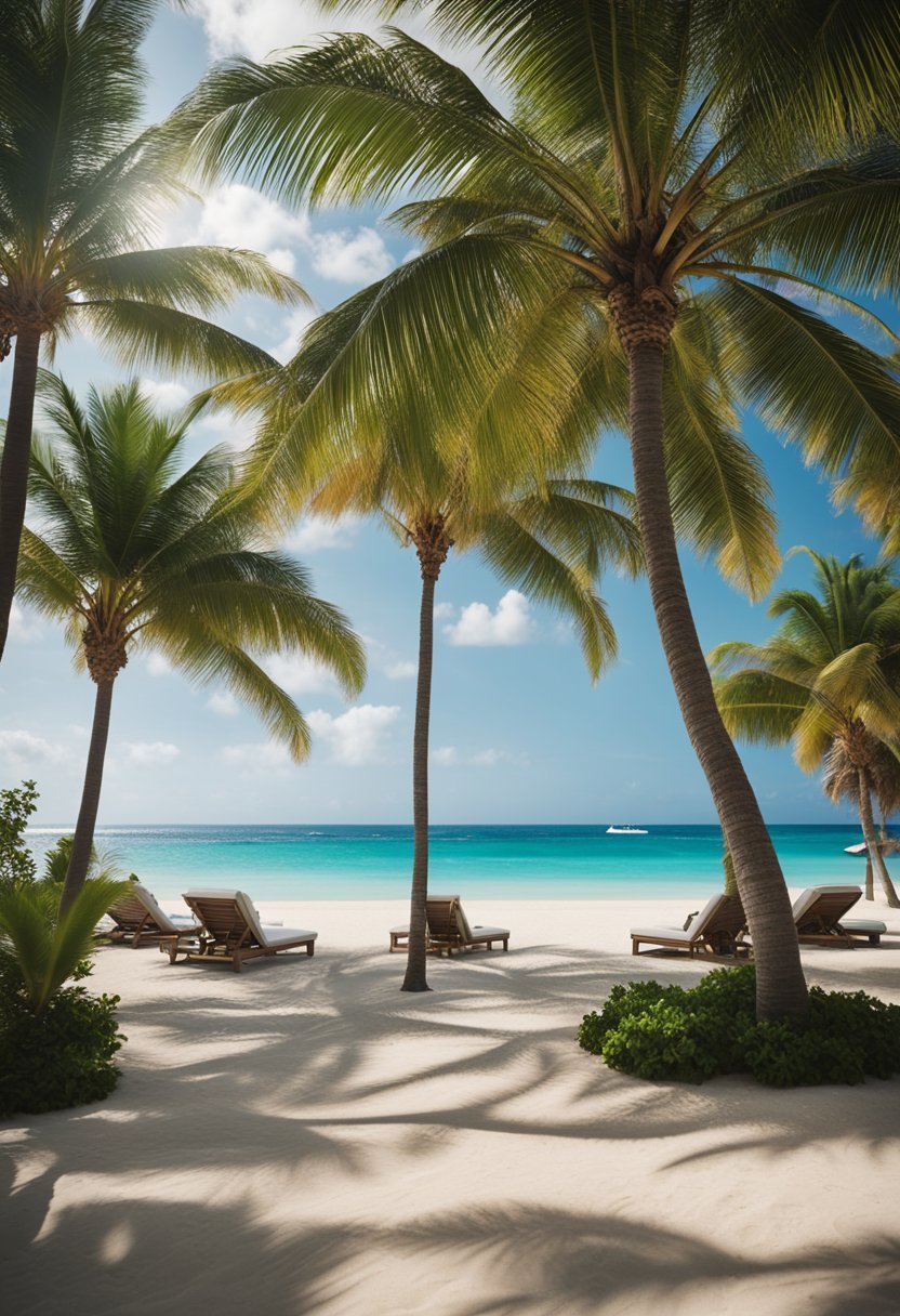 A lush tropical beach with palm trees, lounge chairs, and a crystal-clear ocean, surrounded by luxurious all-inclusive resort buildings