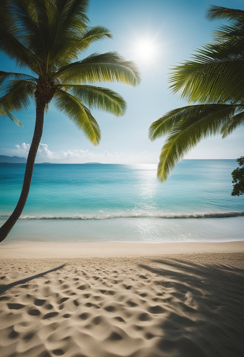 A serene beach with palm trees, clear blue water, and luxurious resort buildings nestled among the tropical foliage