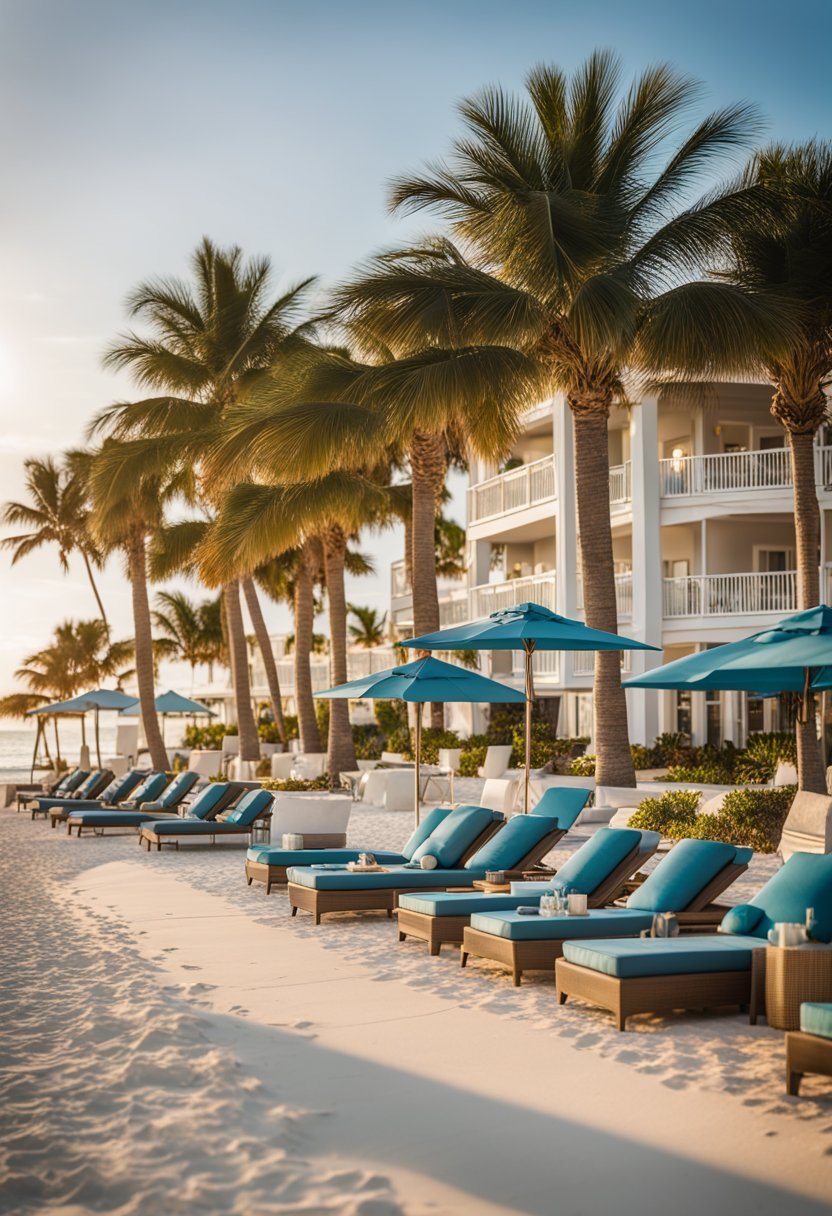 A serene beachfront setting with palm trees, lounge chairs, and a clear blue ocean at Henderson Park Inn, one of the best all-inclusive resorts for adults in Florida