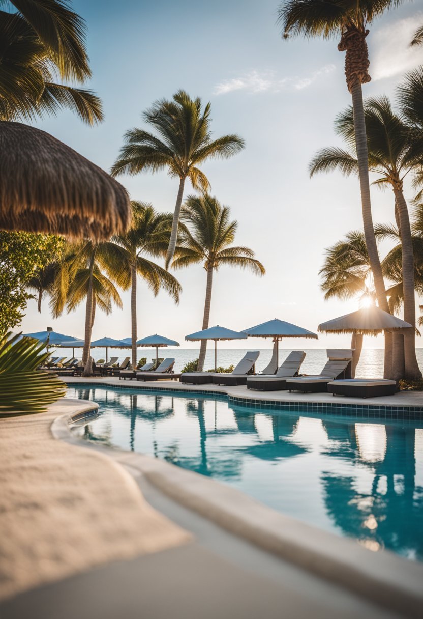 A serene beachfront resort with palm trees, lounge chairs, and a crystal-clear pool overlooking the ocean at Pineapple Point Guest House and Resort in Florida