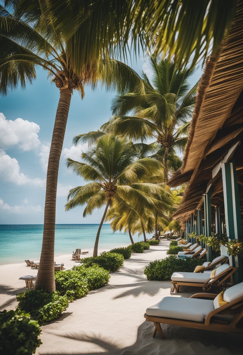 Lush palm trees frame a pristine beach with clear blue waters, while luxurious cabanas and loungers line the shore at Kona Kai Resort, one of the best all-inclusive resorts for adults in Florida