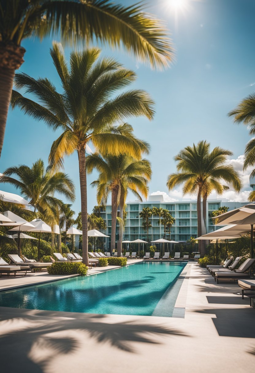 A serene pool area surrounded by lush palm trees and luxurious cabanas at H2O Suites, an all-inclusive resort for adults in Florida