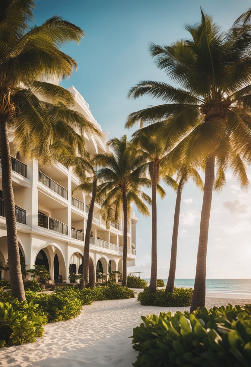 A luxurious beachfront resort with palm trees, white sand, and crystal-clear waters, surrounded by elegant buildings and lush gardens