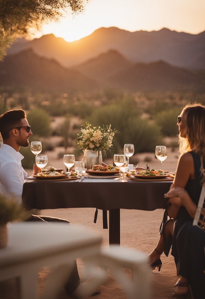 A couple enjoys a romantic sunset dinner at a luxurious Arizona resort, surrounded by beautiful desert landscapes and a serene atmosphere