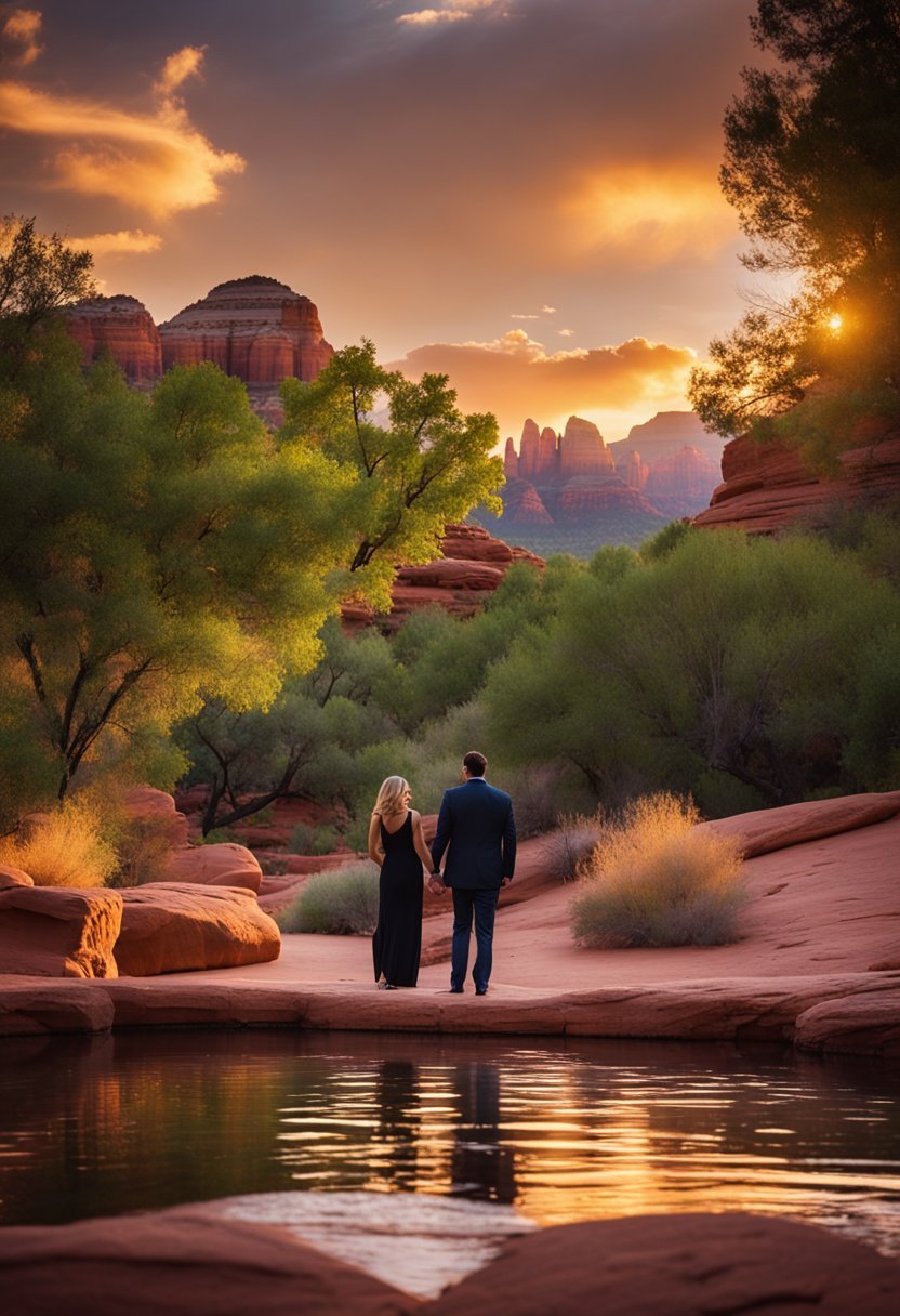 A couple enjoys a romantic sunset at Enchantment Resort in Sedona, Arizona, surrounded by red rock formations and lush greenery