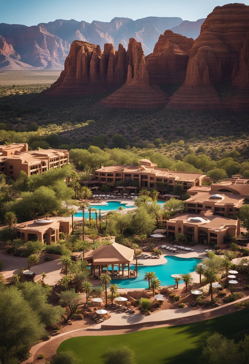 A luxurious resort nestled in the Arizona desert, surrounded by towering red rock canyons and lush greenery