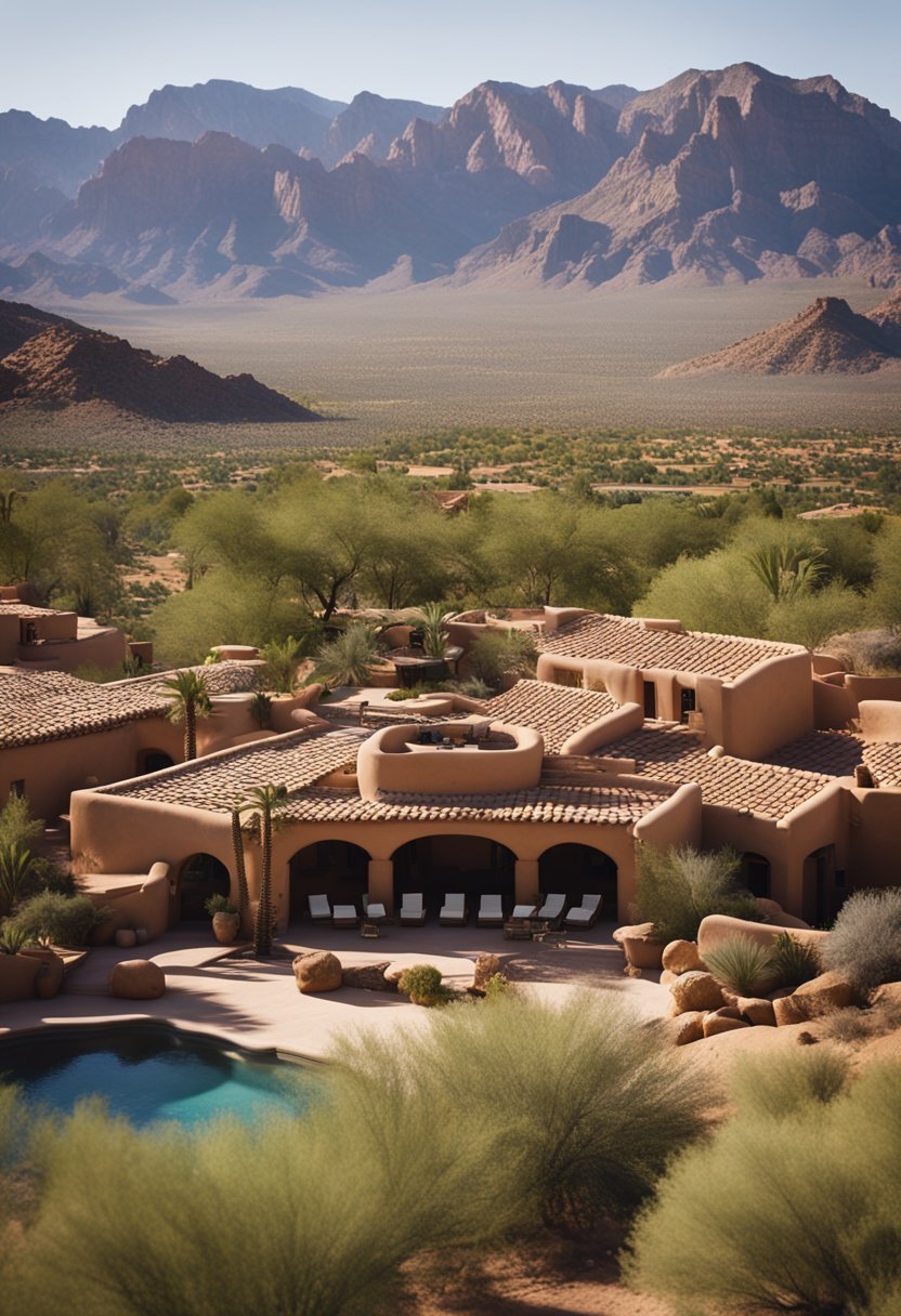 A sprawling desert resort nestled in the rugged mountains of Arizona, with luxurious adobe-style buildings, lush greenery, and a backdrop of stunning desert landscape