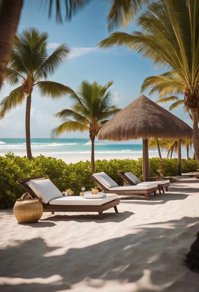 A couple lounges on a private beach cabana at a luxurious Florida resort, surrounded by palm trees and overlooking the sparkling ocean