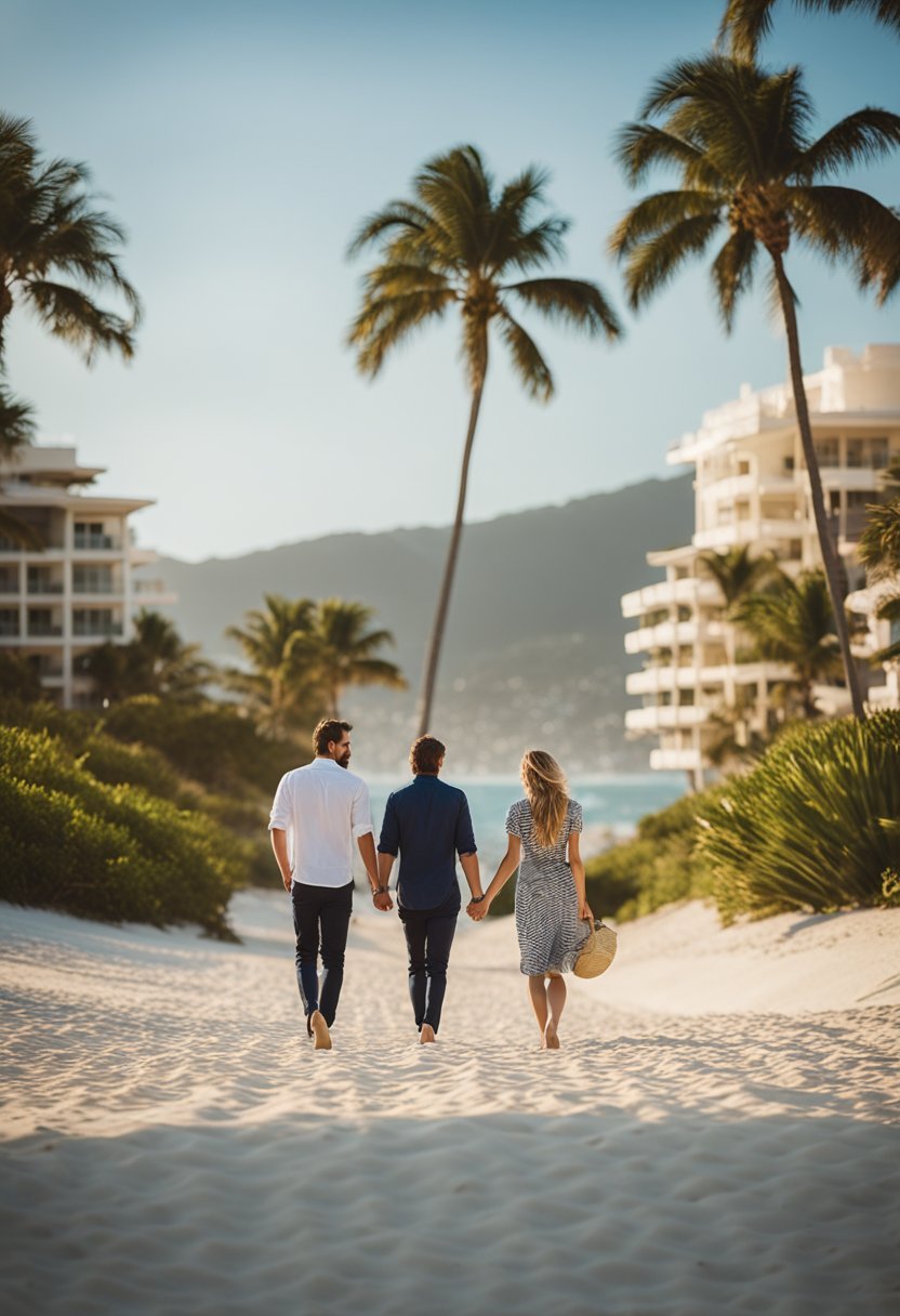 A couple strolling hand in hand along a pristine beach, with palm trees and the Kimpton Surfcomber Hotel in the background