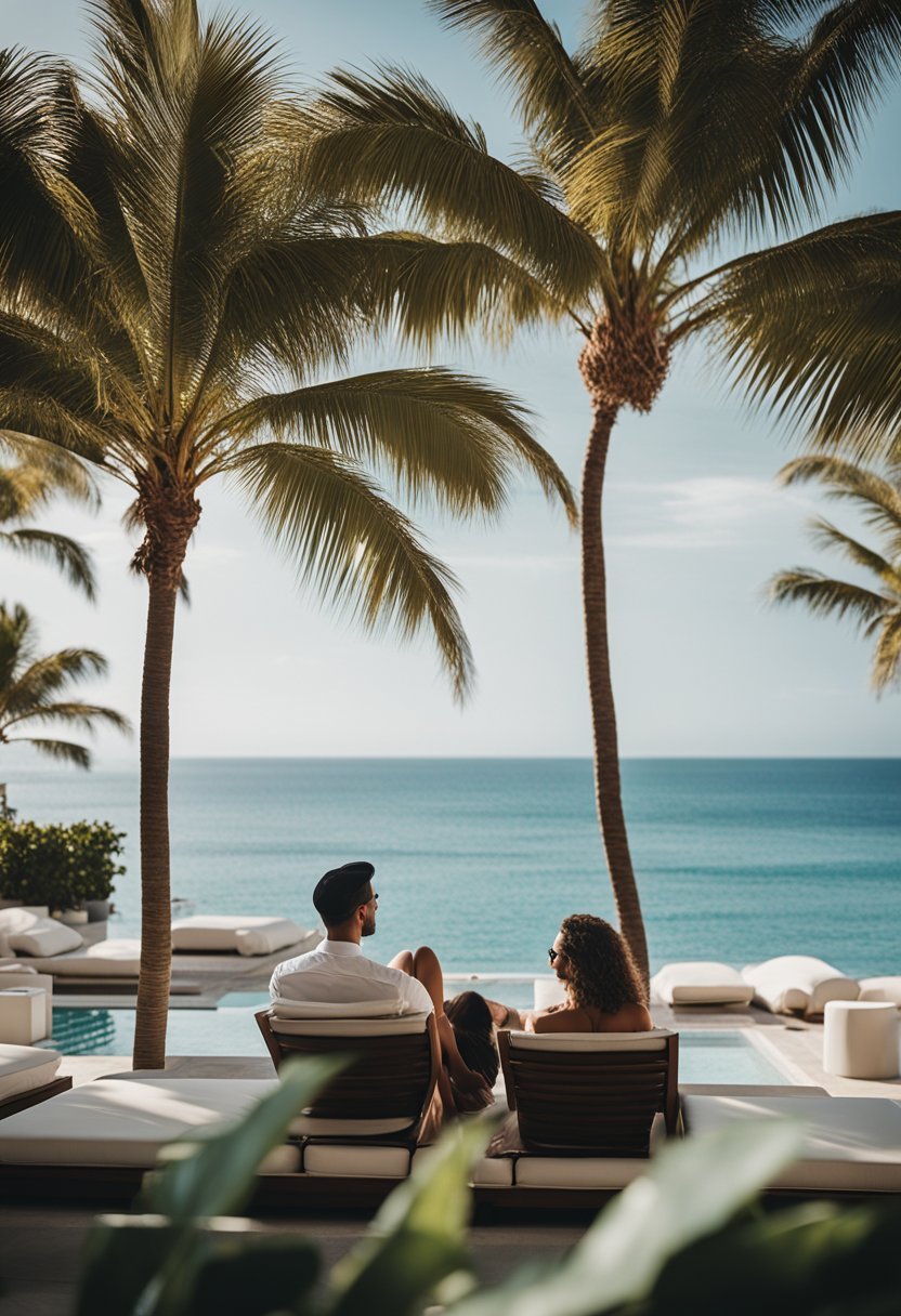 A couple lounging by a pool at 1 Hotel South Beach, surrounded by palm trees and overlooking the ocean