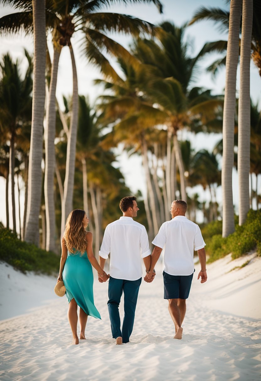 A couple strolls hand in hand along the pristine white sand beach of Lago Mar Beach Resort & Club in Florida. The turquoise waters stretch out to the horizon, framed by swaying palm trees