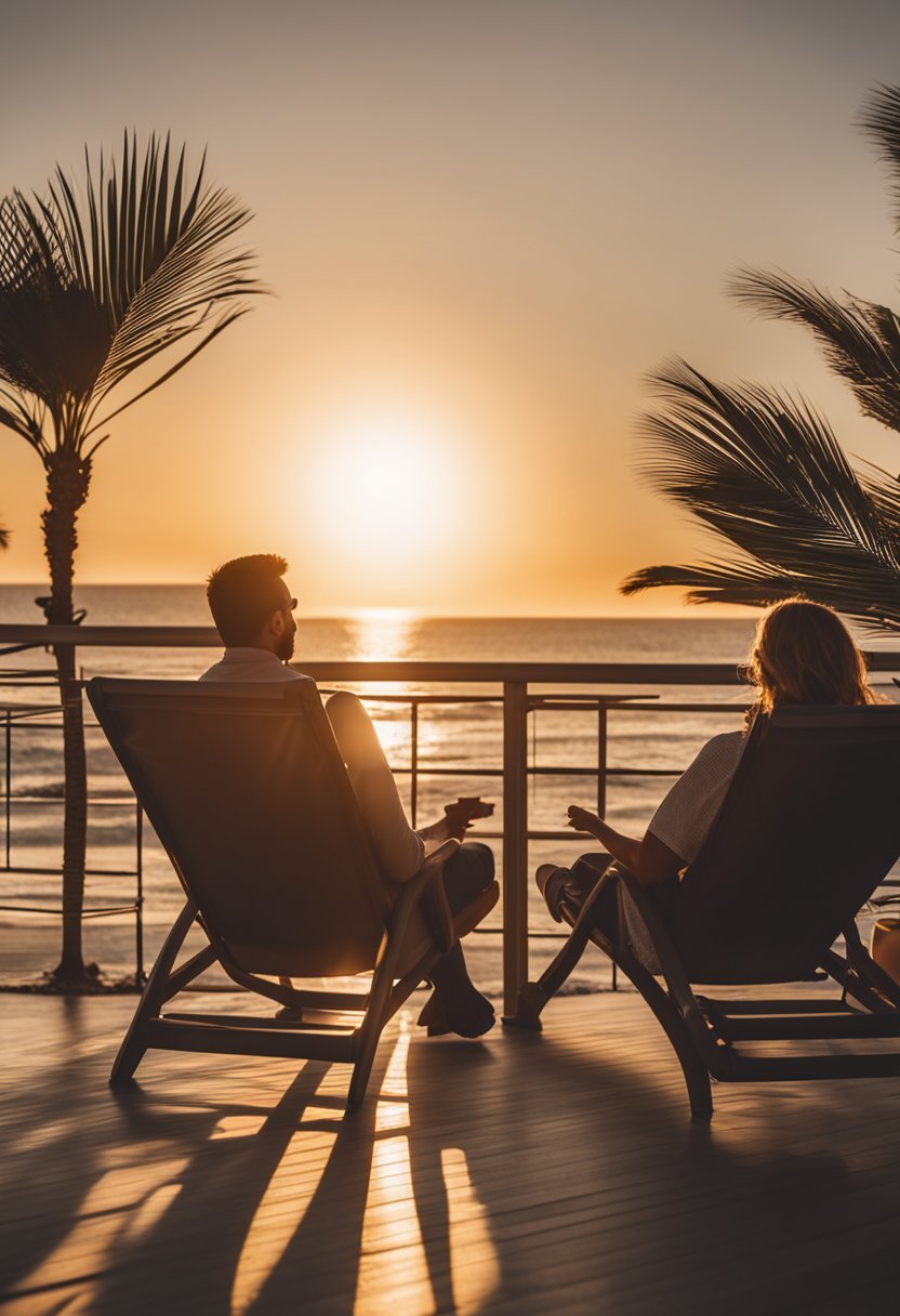 A couple lounges on a private balcony overlooking the ocean at Hard Rock Hotel Daytona Beach. The sun sets behind palm trees as waves crash on the shore