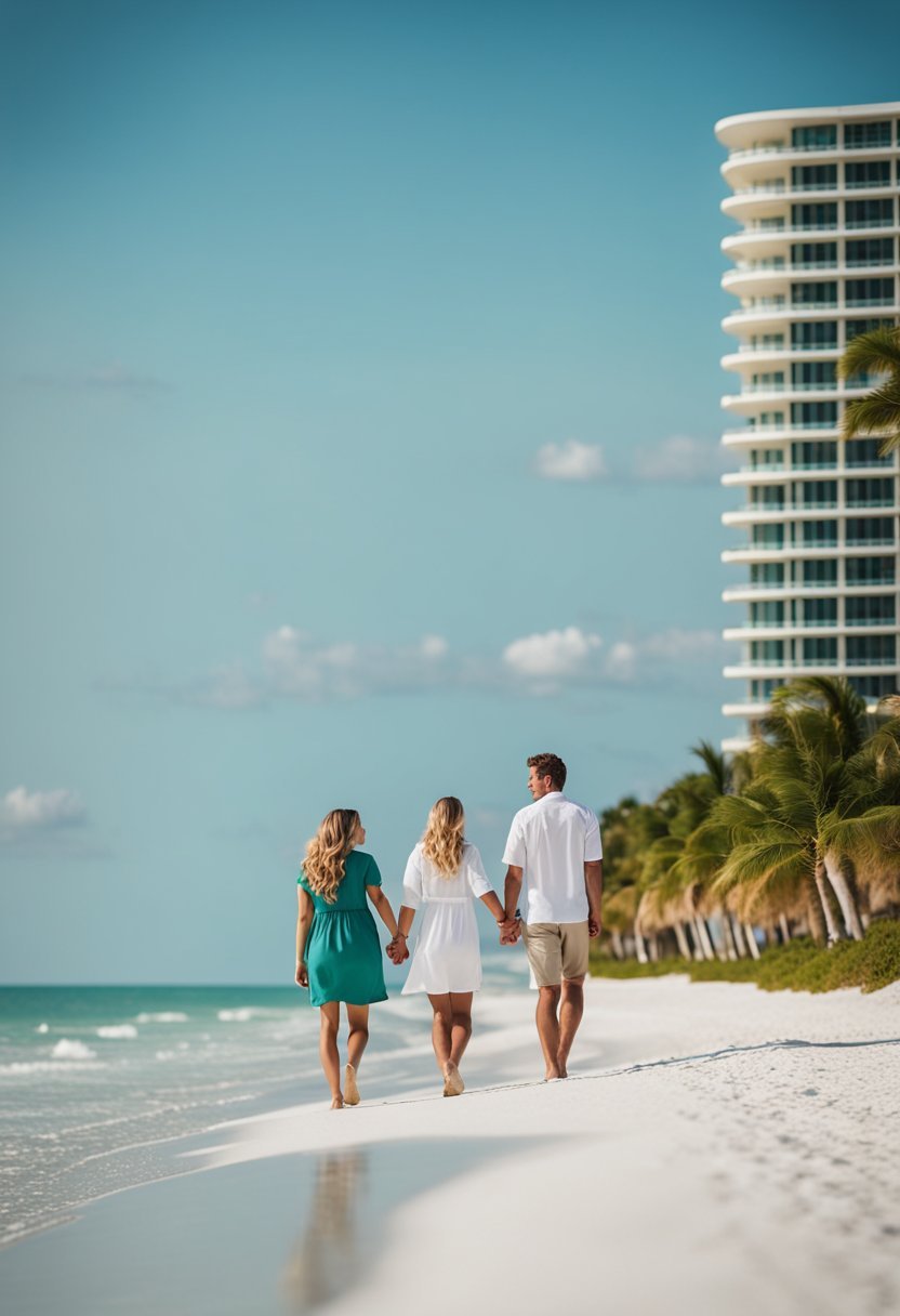 A couple strolls hand in hand along the pristine white sandy beach, with the Hilton Marco Island Beach Resort in the background. The turquoise waters of the Gulf of Mexico stretch out to the horizon