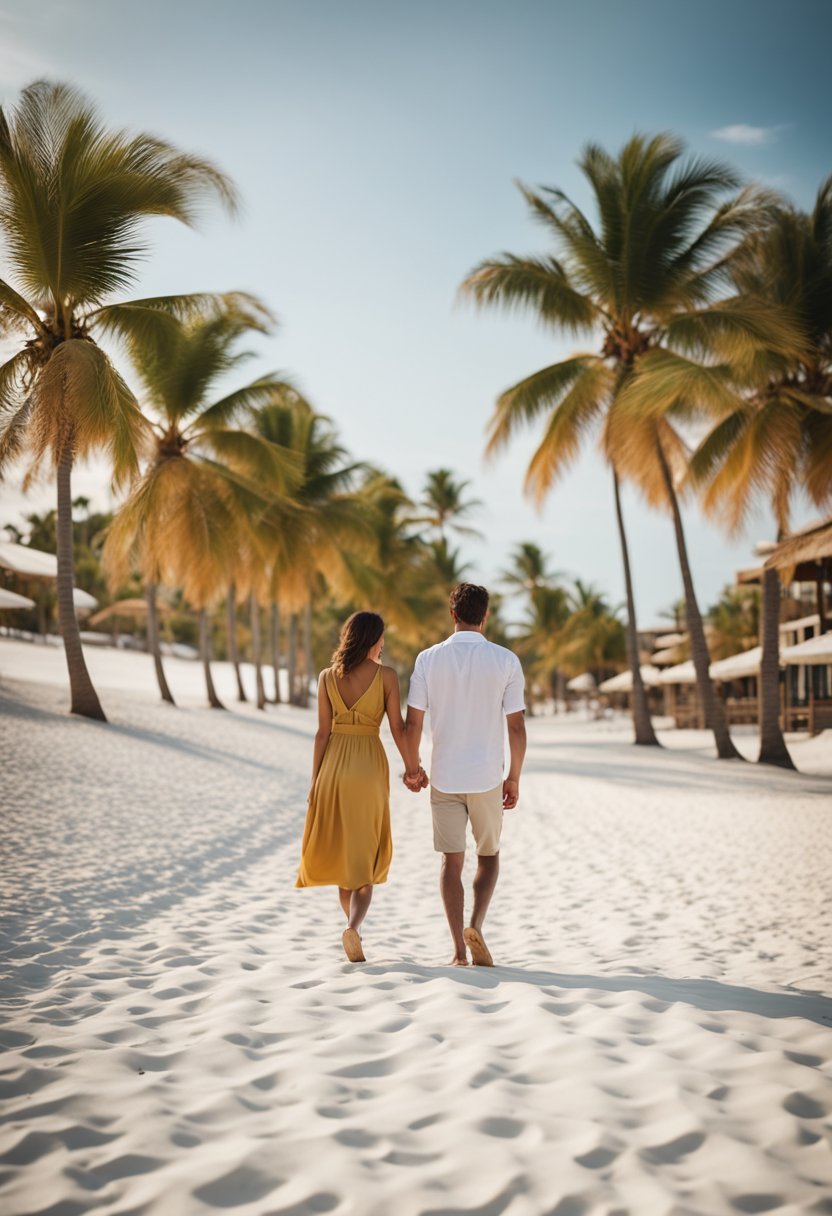 A couple strolling on a white sandy beach, palm trees swaying in the breeze, with a luxurious resort in the background