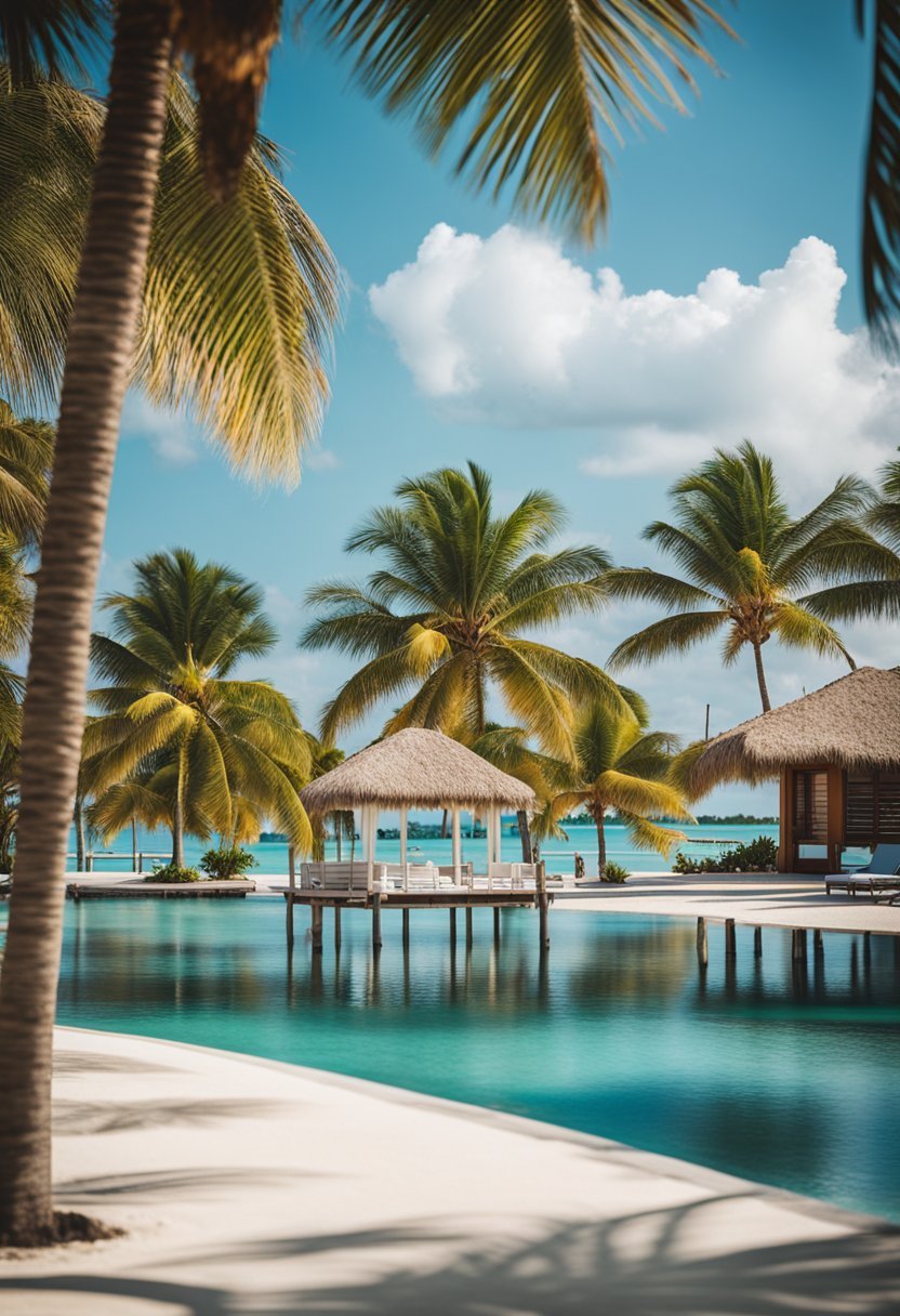 A serene beach at Hawks Cay Resort, with palm trees, clear blue waters, and a couple relaxing in a private cabana