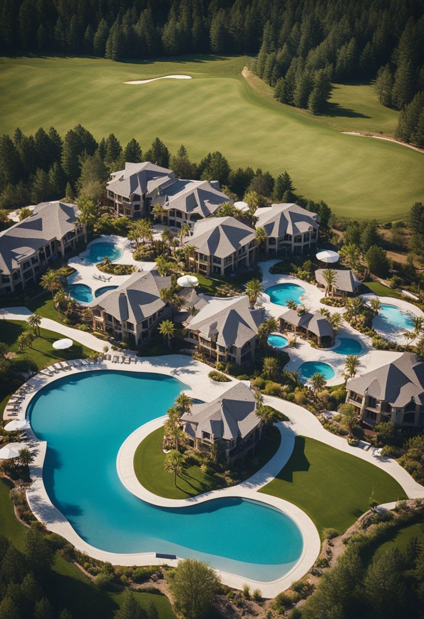 Aerial view of 10 luxurious resorts nestled among scenic landscapes in the USA