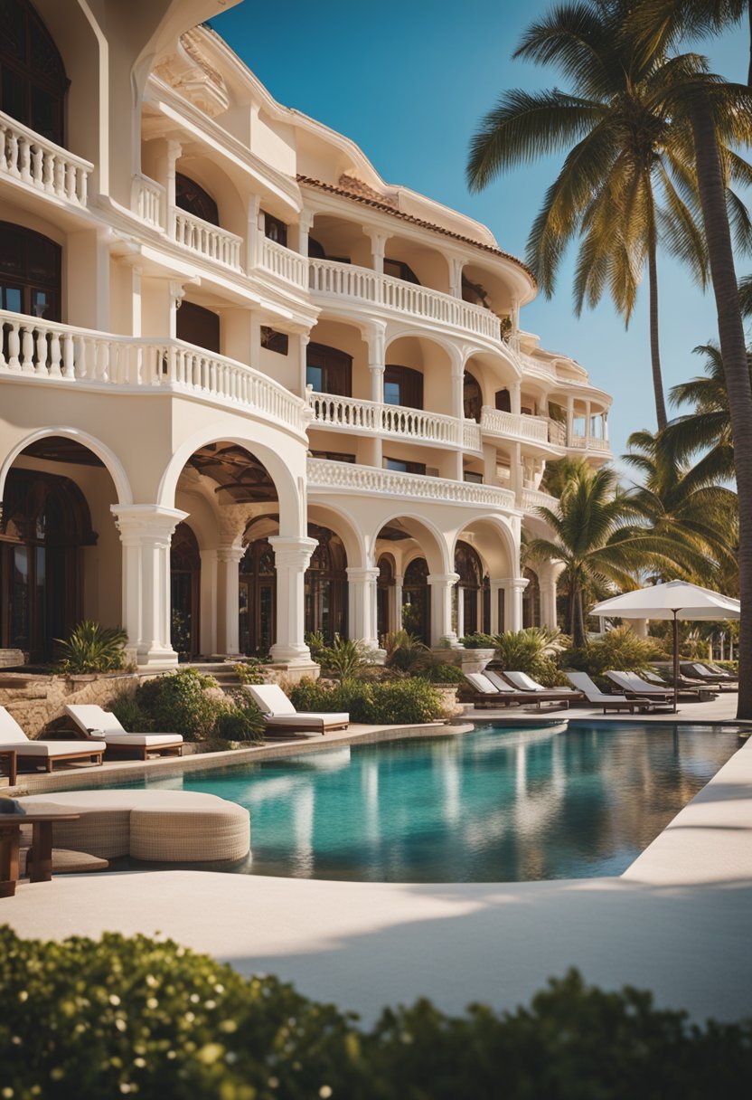 A luxurious beachfront resort with palm trees, a pristine sandy beach, and elegant architecture overlooking the sparkling ocean