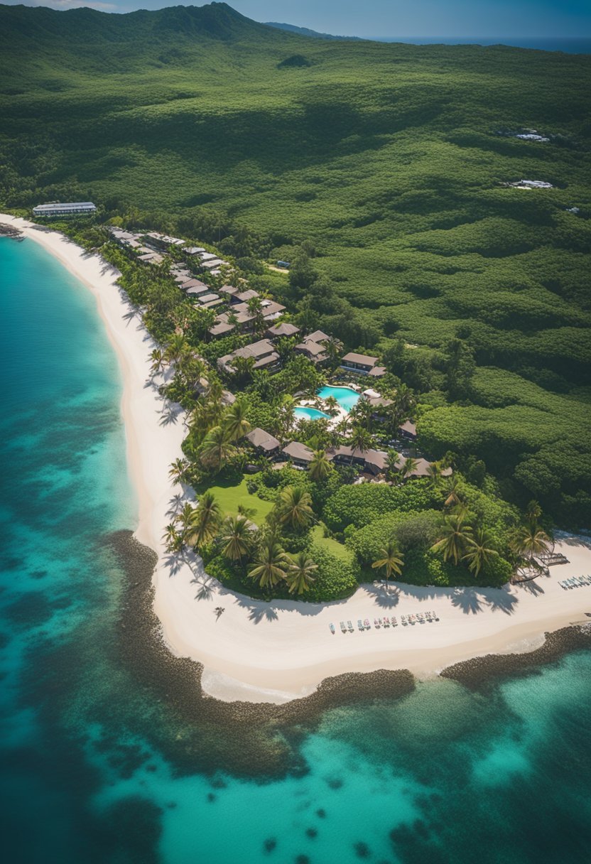 Aerial view of Kona Village, surrounded by lush greenery and overlooking a pristine beach with crystal clear waters