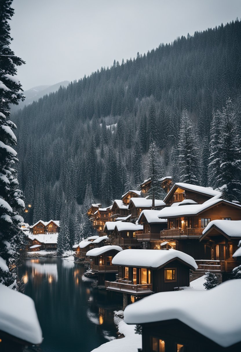 A snow-covered mountain resort with luxurious cabins, a cozy lodge, and a gondola lift surrounded by pine trees and stunning views