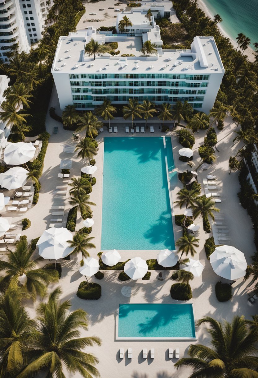 Aerial view of 1 Hotel South Beach, surrounded by palm trees and overlooking the ocean