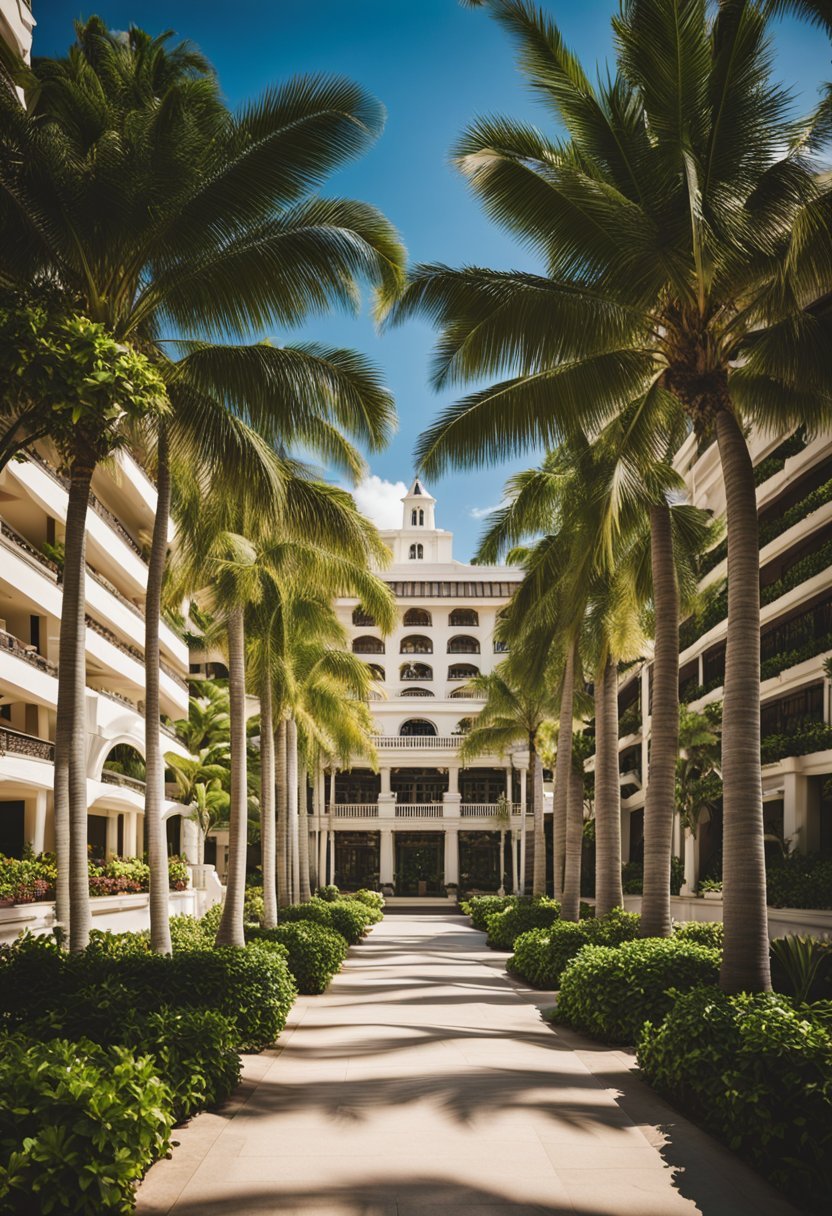 The Halekulani Hotel, one of the 10 best resorts in the USA, features a picturesque beachfront with palm trees, luxury pool, and elegant architecture