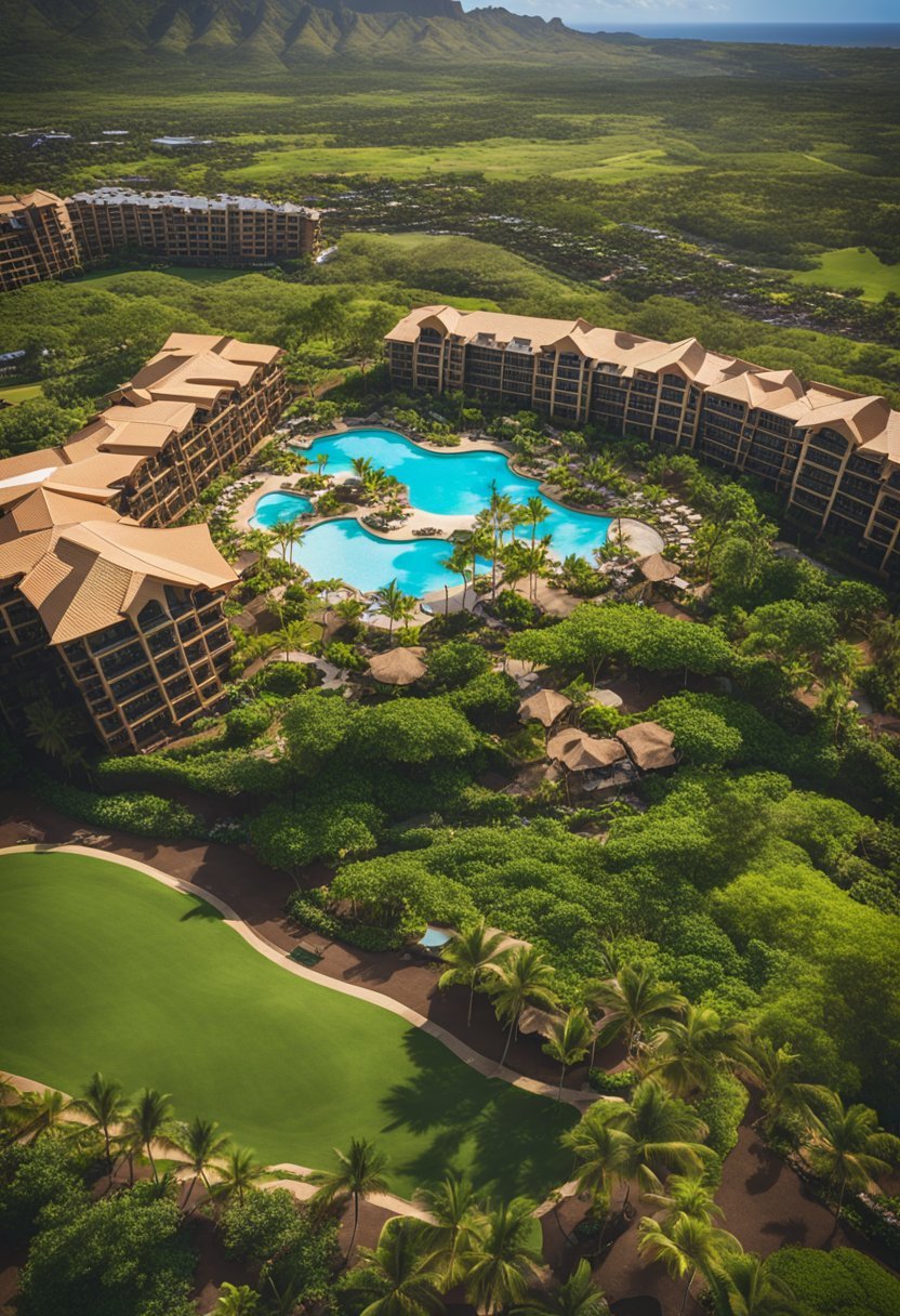 Aerial view of Koloa Landing Resort at Poipu, surrounded by lush tropical gardens and featuring a large pool area with cabanas and lounge chairs