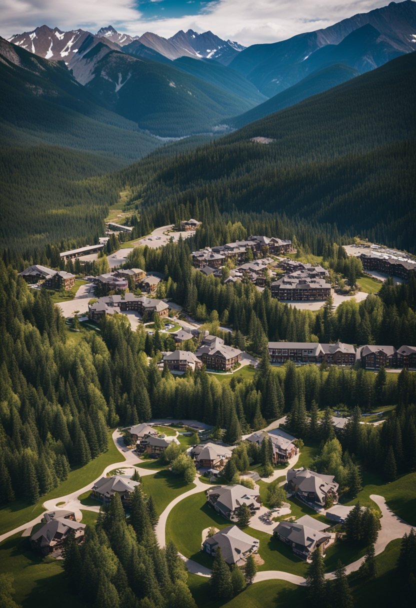 Aerial view of 7 Colorado resorts nestled in mountainous terrain, surrounded by evergreen forests and snow-capped peaks