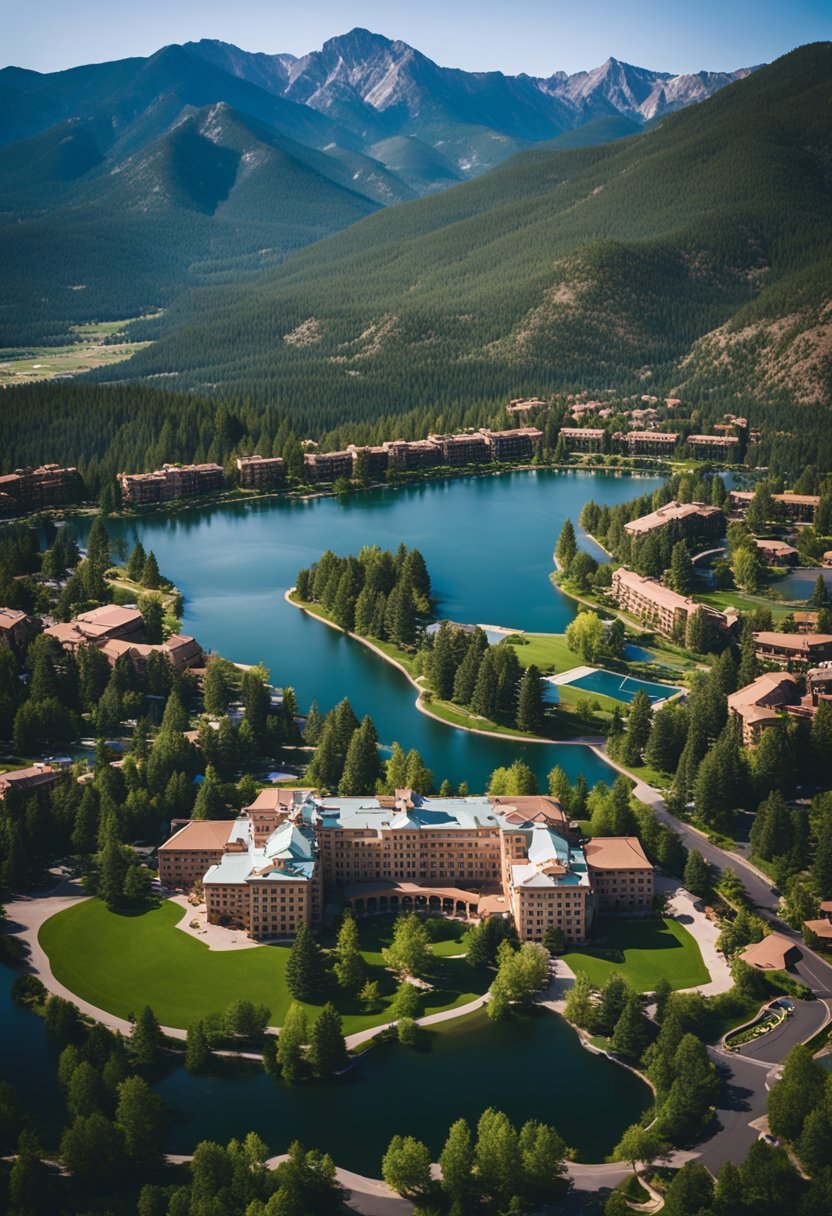 Aerial view of The Broadmoor resort nestled in the Colorado mountains, surrounded by lush greenery and a sparkling lake