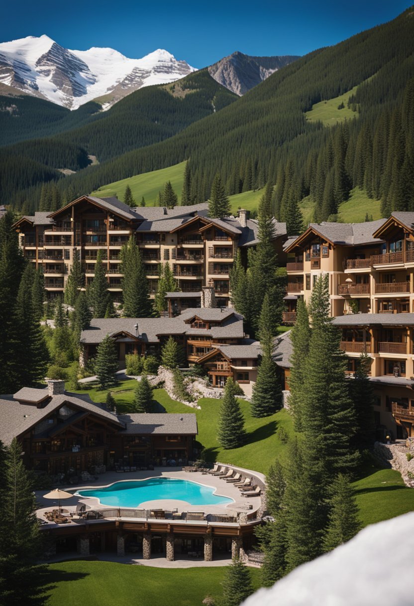 A majestic mountain resort nestled in the Colorado Rockies, surrounded by lush greenery and snow-capped peaks. The Sonnenalp Vail exudes luxury and tranquility