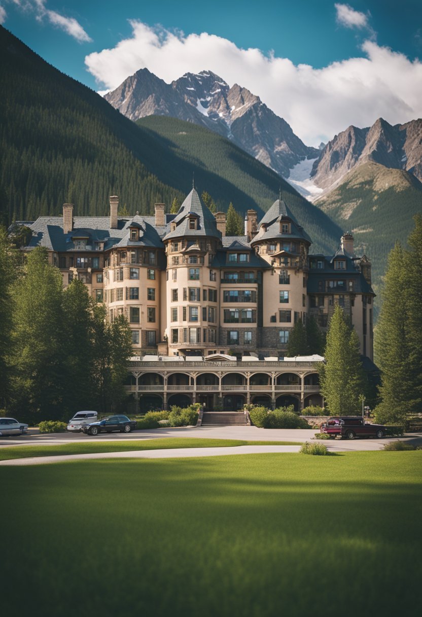 A grand, historic hotel nestled in the Colorado mountains, surrounded by lush greenery and majestic peaks