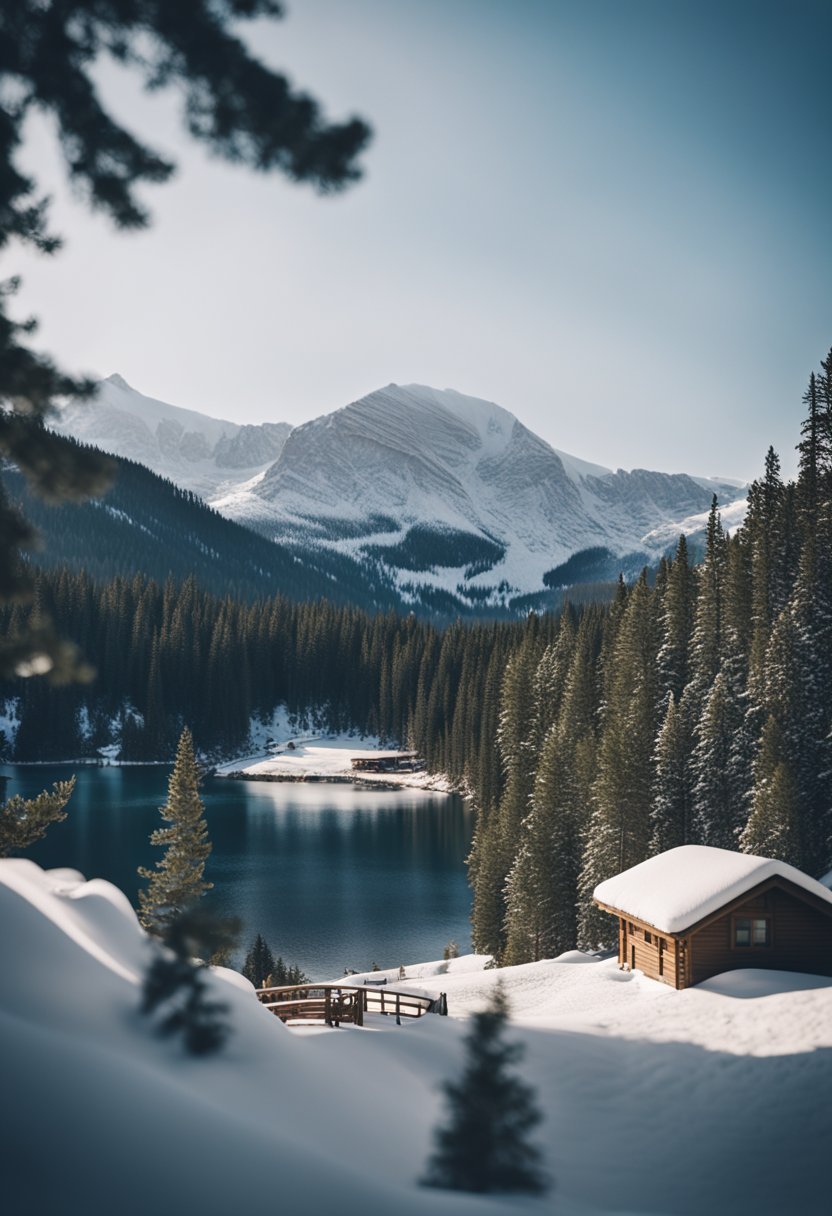 A snow-covered mountain resort with ski slopes, cozy cabins, and a glistening lake surrounded by pine trees in the Colorado Rockies