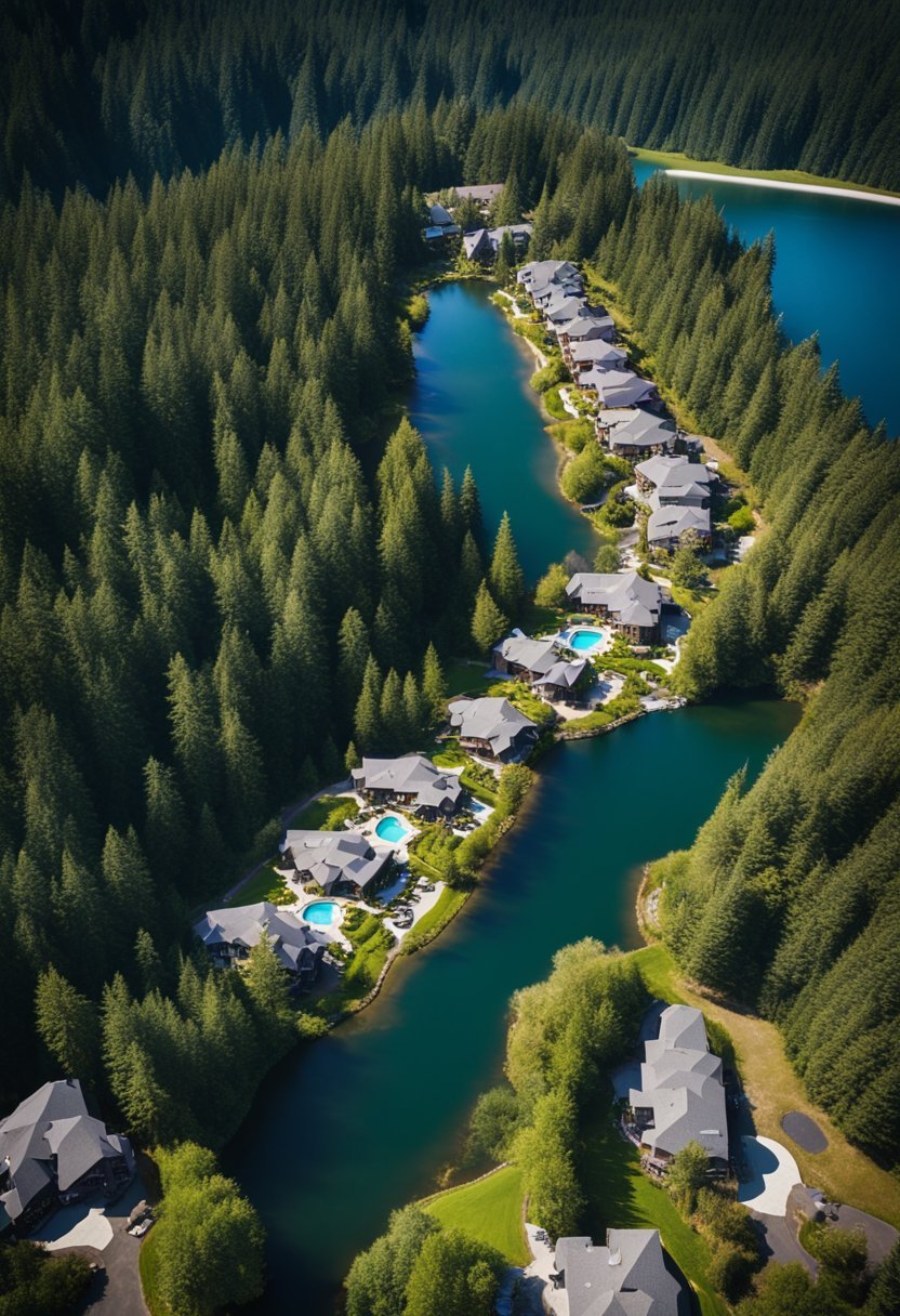 Aerial view of 7 luxurious resorts nestled in the lush greenery of Washington state, surrounded by mountains and overlooking serene lakes