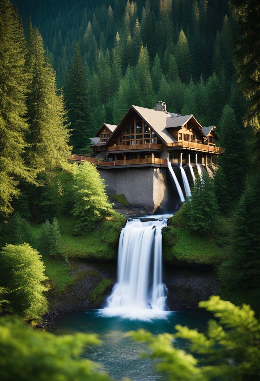 A majestic lodge nestled in the lush greenery of Washington State, overlooking a cascading waterfall