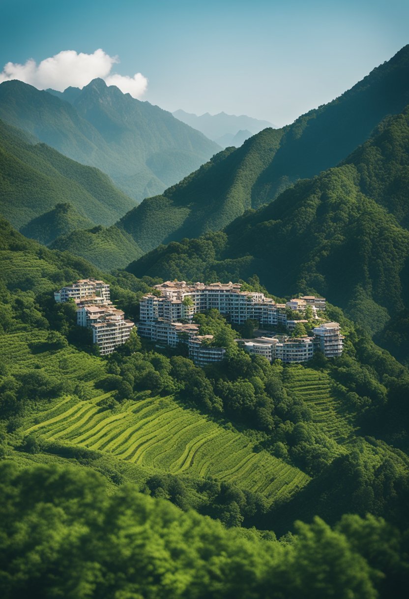 Lush green landscape with a sprawling resort nestled among the trees, surrounded by mountains and a clear blue sky