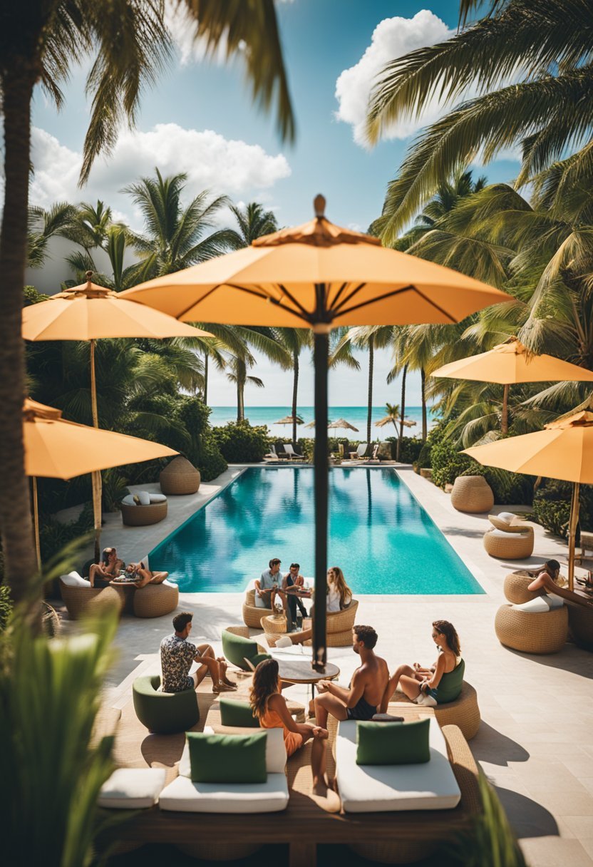 A group of young adults lounging by a luxurious pool, surrounded by palm trees and sipping colorful cocktails at Excellence Punta Cana all-inclusive resort