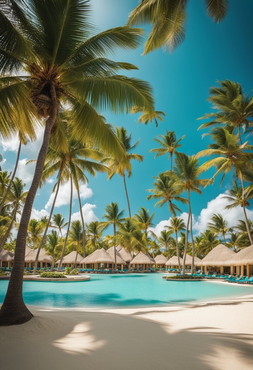 A vibrant beachfront with palm trees, turquoise waters, and luxurious cabanas at Iberostar Grand Bavaro, a top all-inclusive resort for young adults