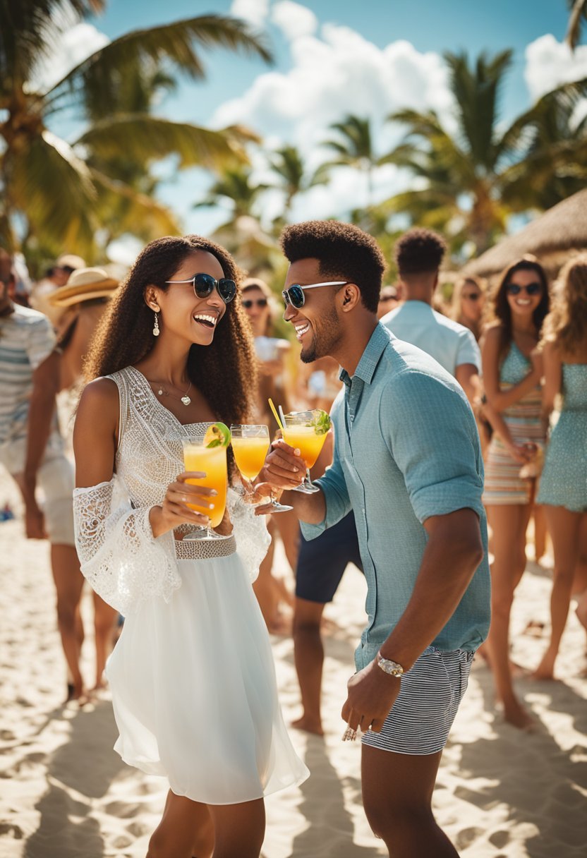 A vibrant beach party with palm trees, crystal-clear water, and young adults enjoying cocktails and music at Breathless Punta Cana Resort & Spa