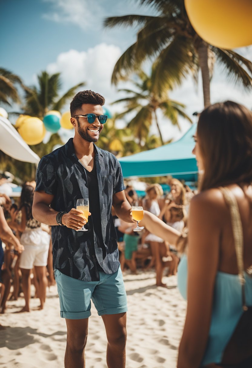 A vibrant beach party with palm trees, music, and young adults enjoying drinks and games at Royalton Punta Cana resort