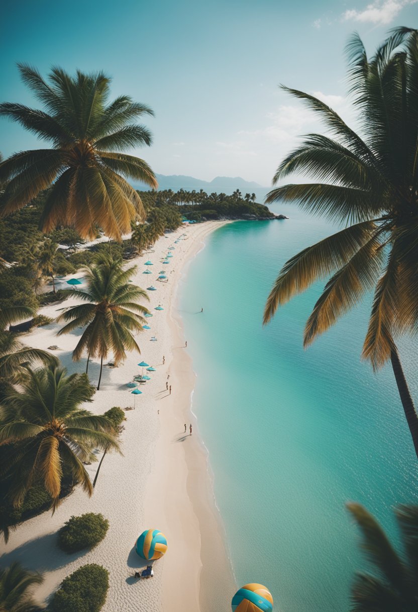 A vibrant beach scene with palm trees, turquoise waters, and young adults enjoying activities like beach volleyball and sunbathing