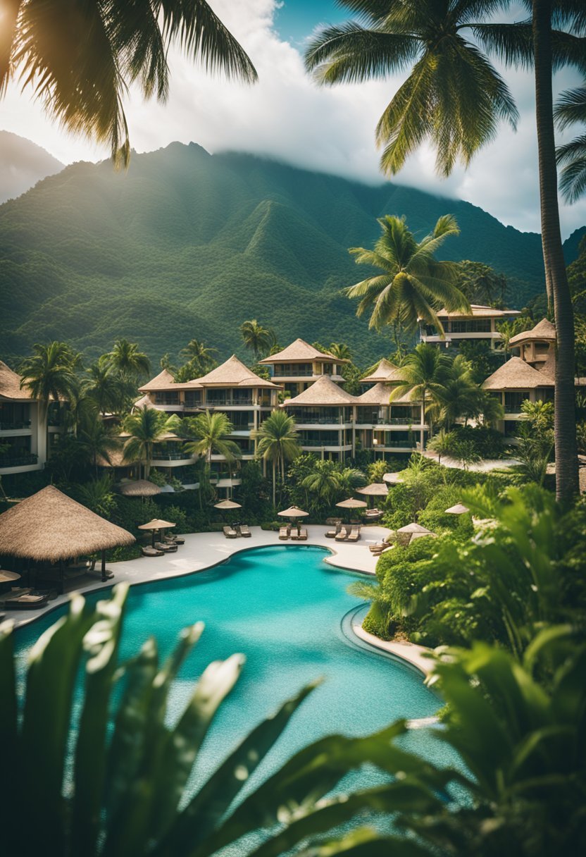 A colorful, tropical beach resort with palm trees, sparkling blue waters, and luxurious accommodations nestled against the backdrop of lush mountains